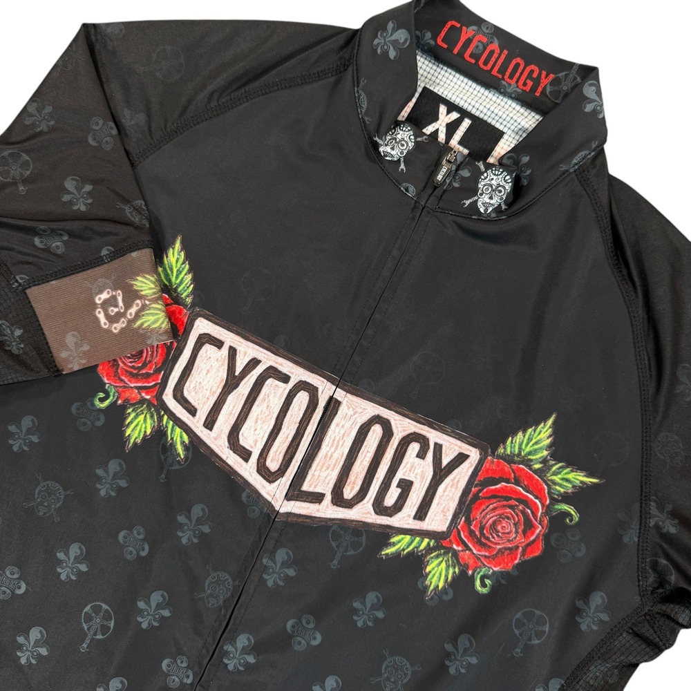 CYCOLOGY Cycling Jersey Womens XL Black Rose Tattoo Performance Short Sleeve Zip